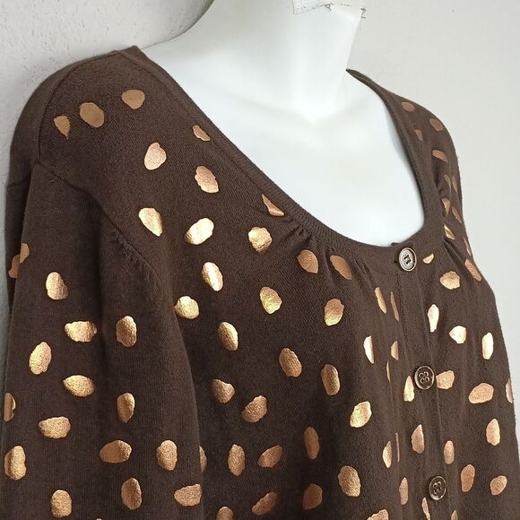 Vintage 90s Brown With Gold Dots Long Sleeve Button Down Knit Cardigan sz XL - Picture 2 of 9